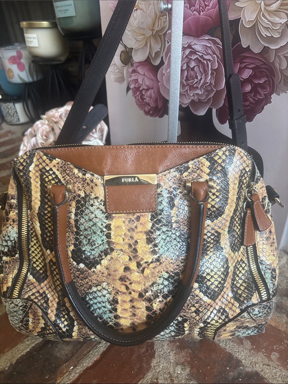 Furla Snake-Print Satchel Handbag in Brown Tan with Gold Hardware